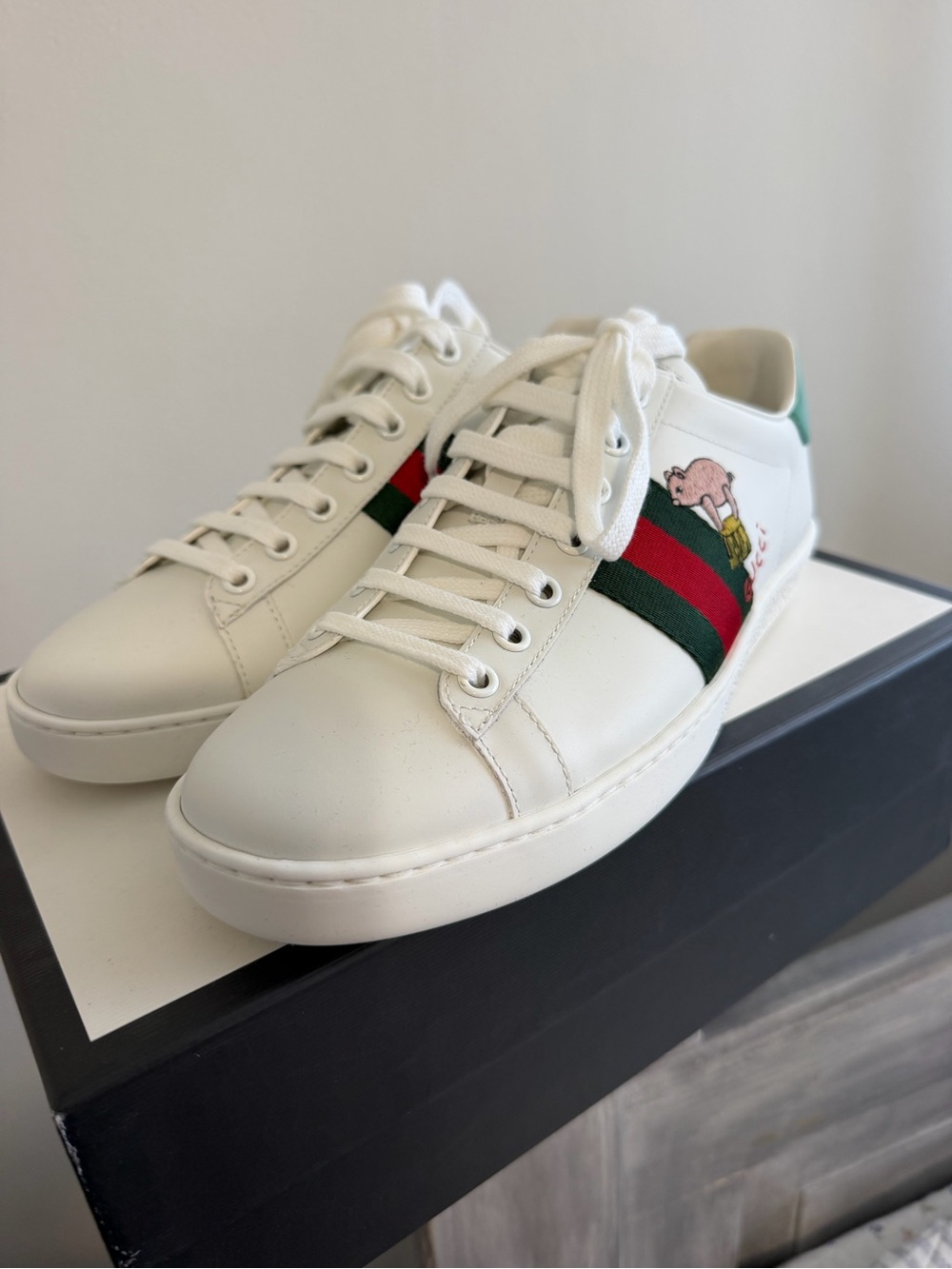 Gucci White Leather Sneaker with Green & Red Web Stripe and Pig Motif